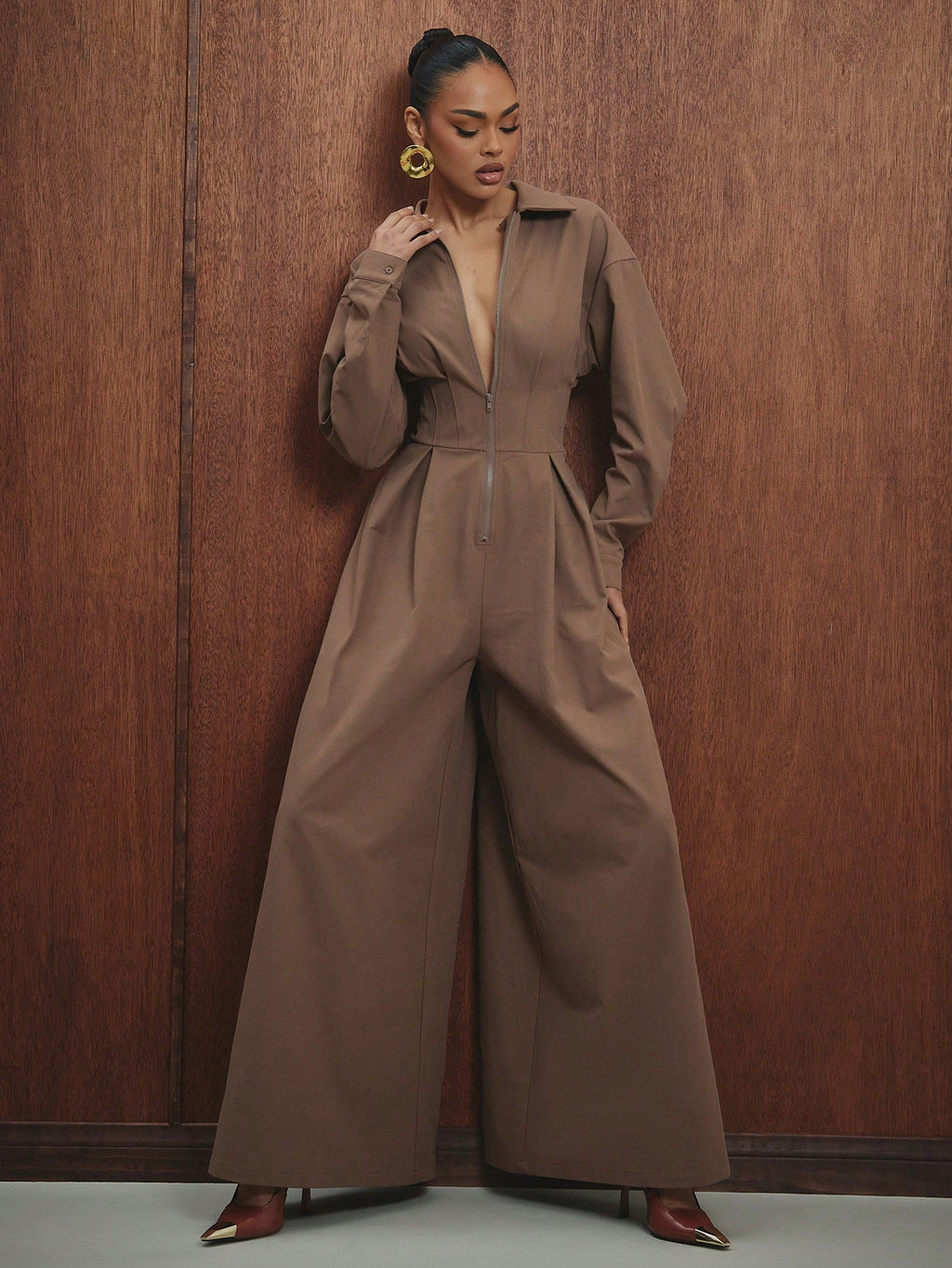 Combinaison marron pantalon large chic
