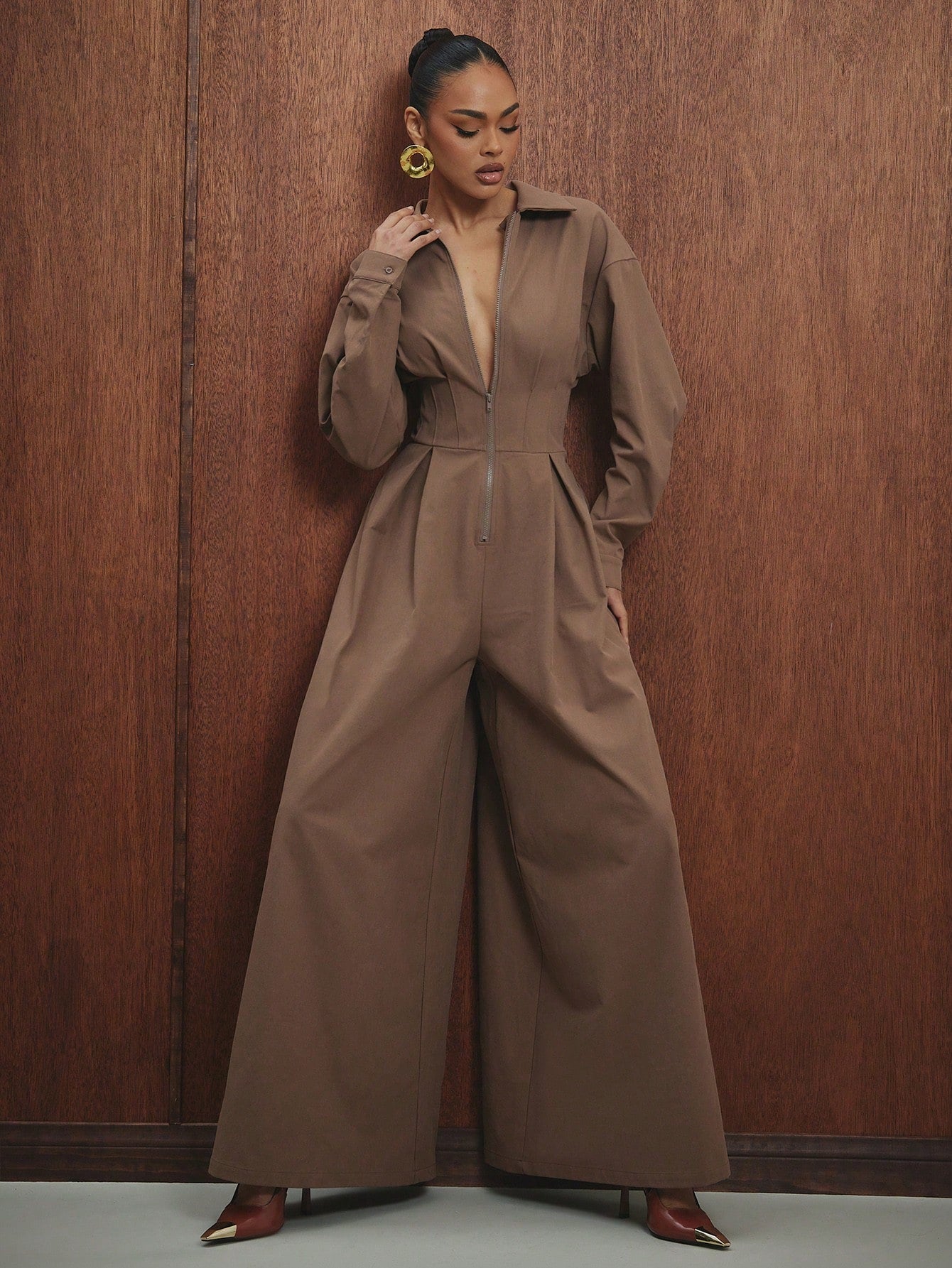 Combinaison marron pantalon large chic
