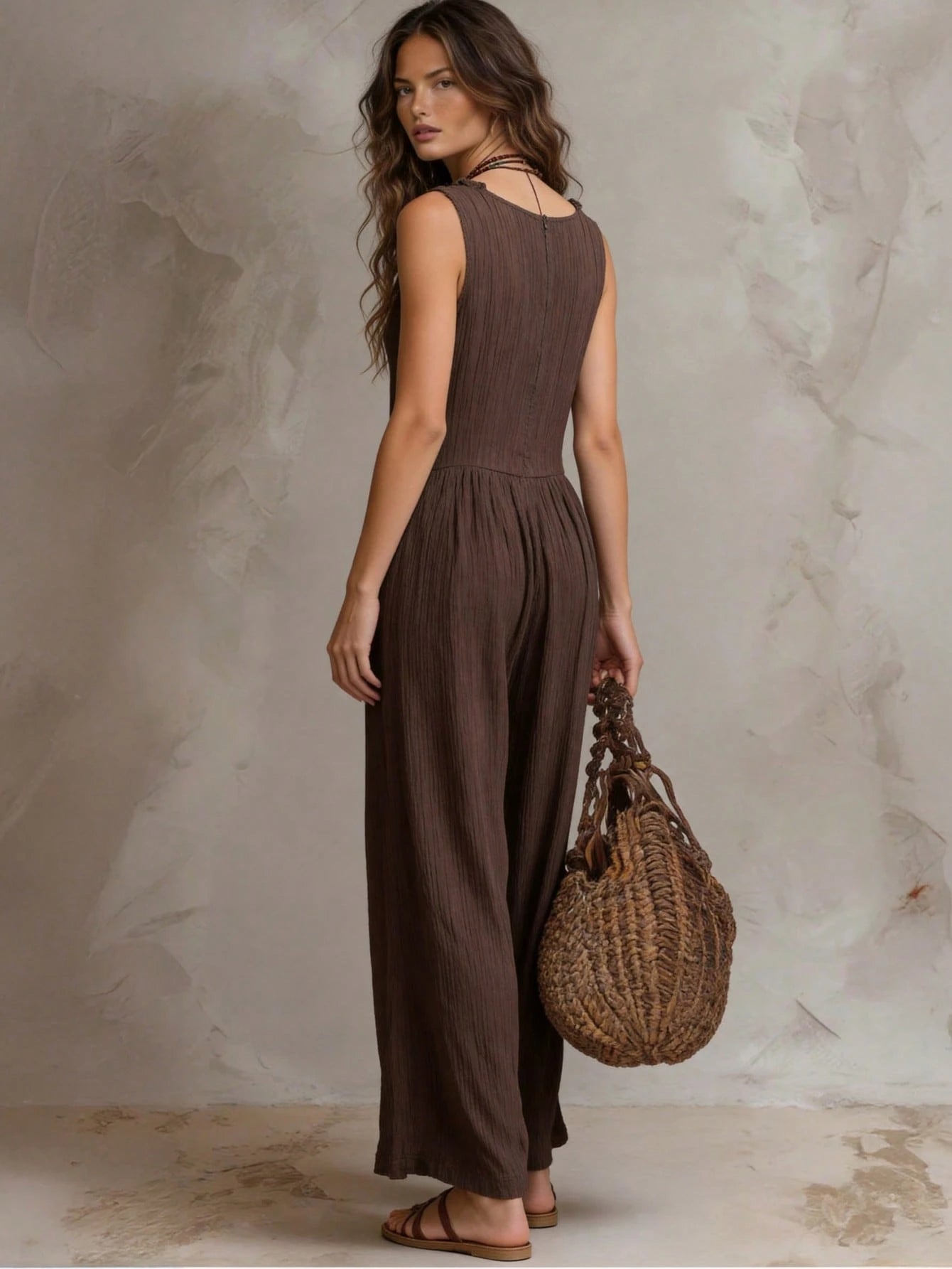 combinaison femme pantalon sans manches avec boutons marron foncé