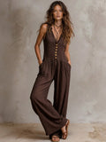 combinaison femme pantalon sans manches avec boutons marron foncé