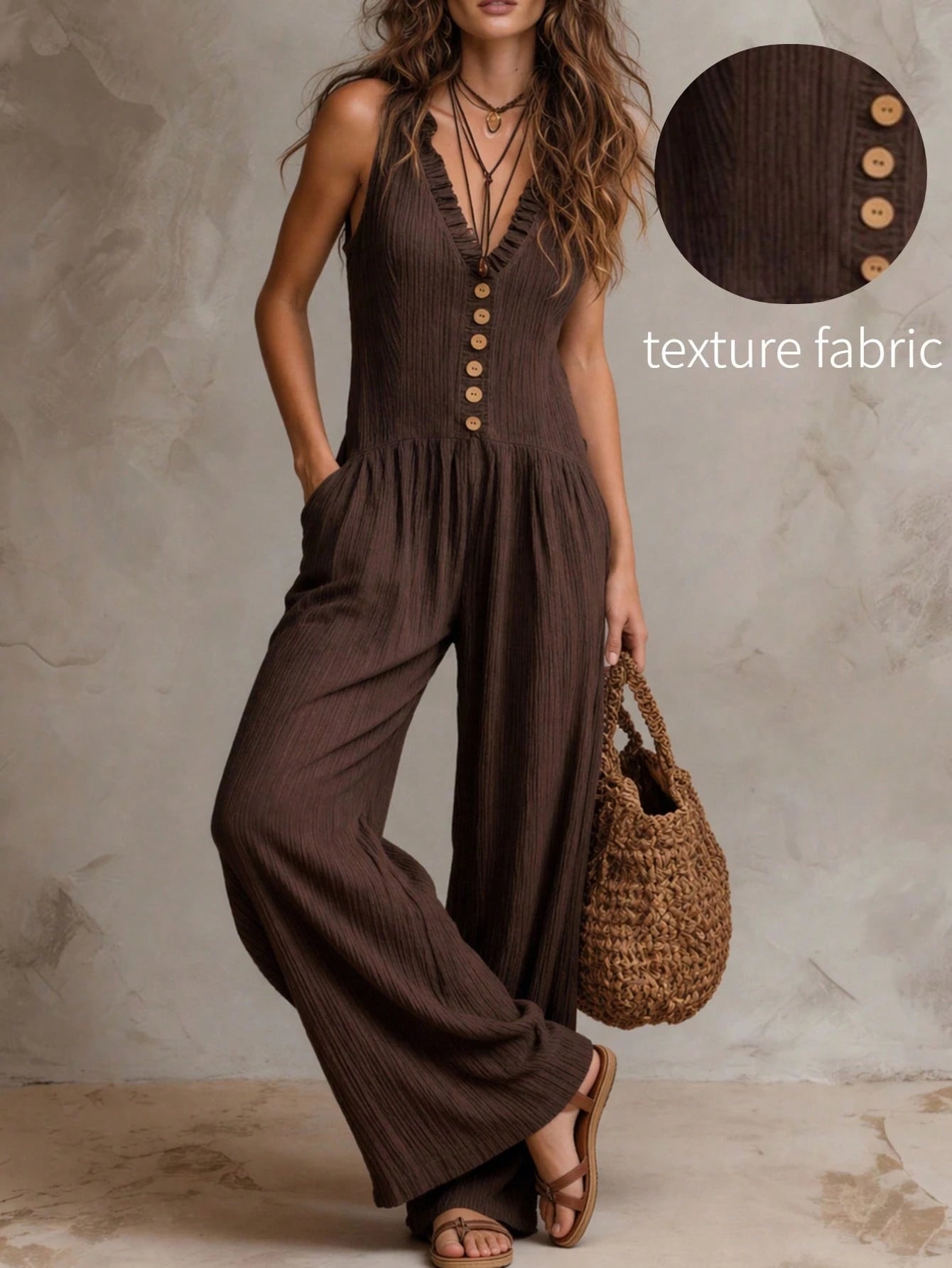 combinaison femme pantalon sans manches avec boutons marron foncé