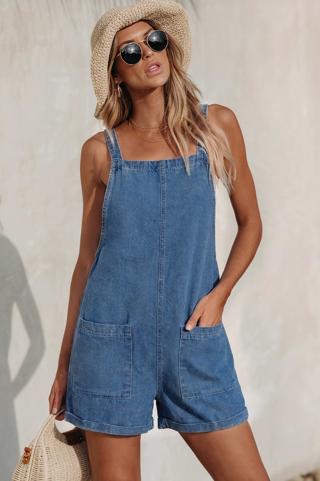 Combishort en denim à col carré