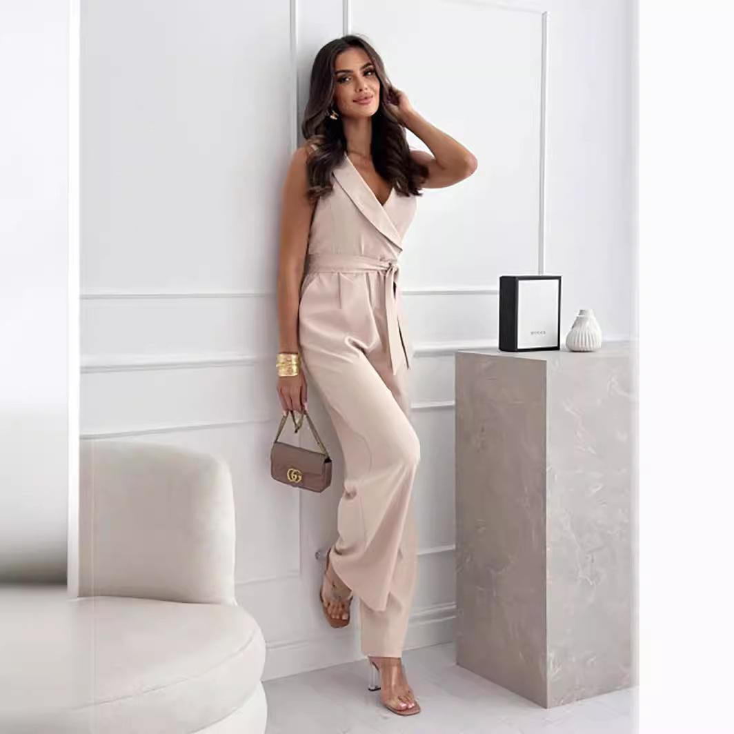 combinaison femme pantalon chic taille haute beige