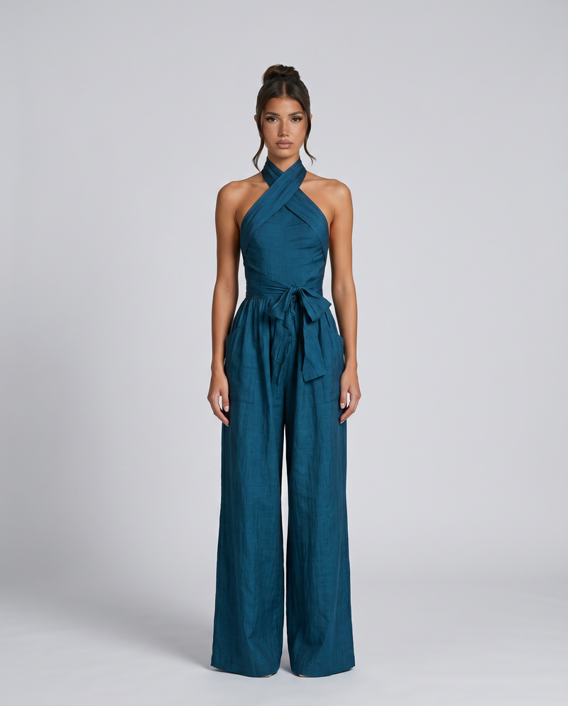 combinaison bleu marine femme fluide avec noeud