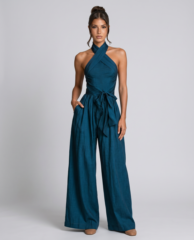 combinaison bleu marine femme fluide avec noeud
