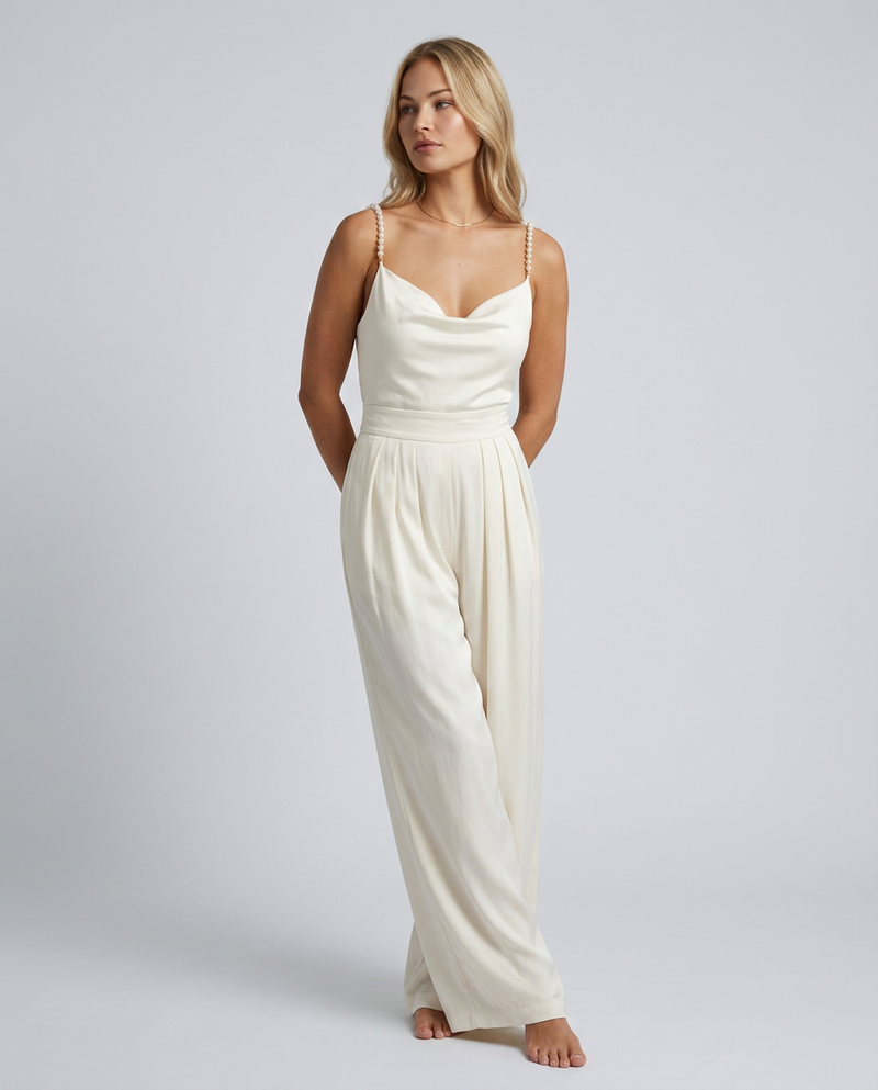Combinaison à col bénitier et pantalon droit blanc