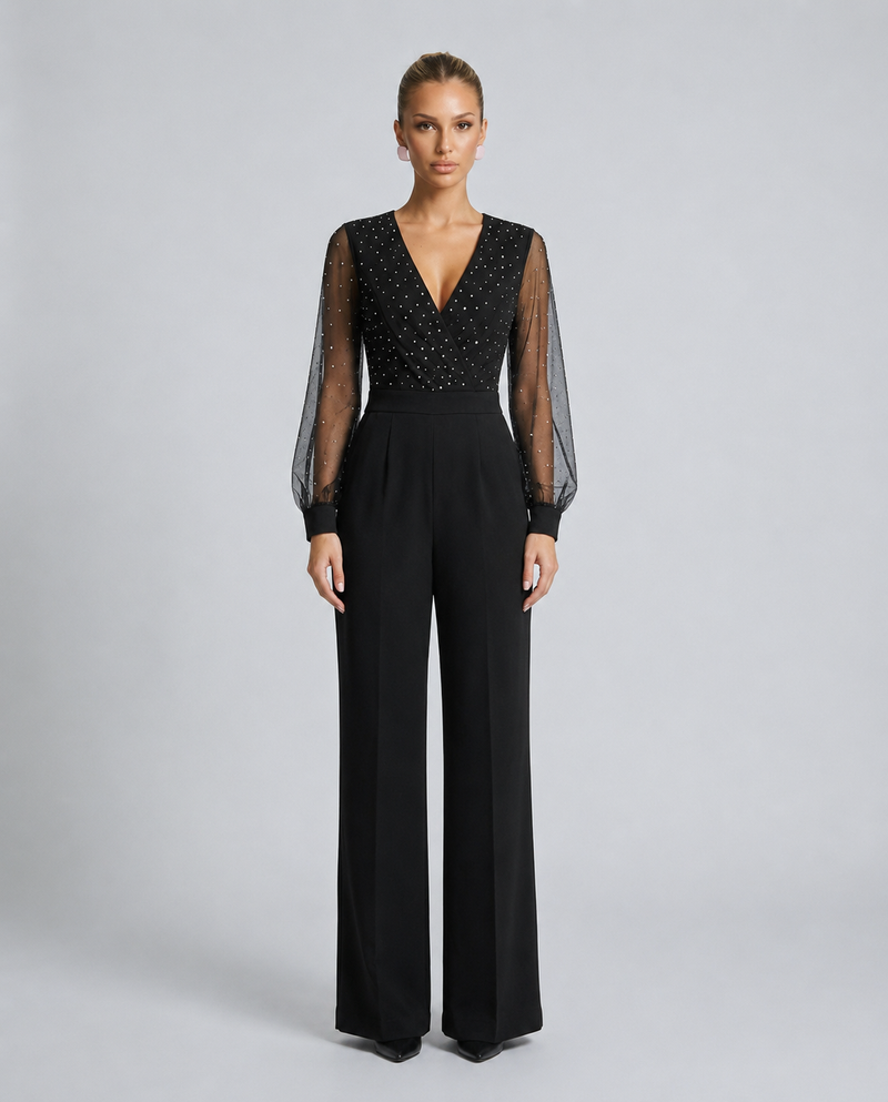 Combinaison pantalon à jambes larges et manches en résille
