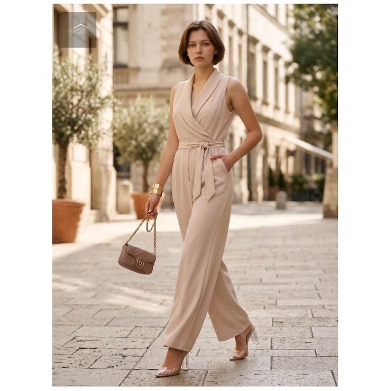 combinaison femme pantalon chic taille haute beige